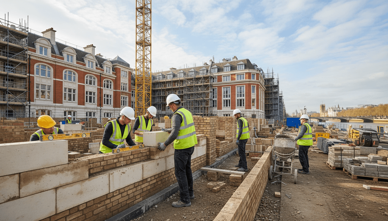 Skilled construction workers performing specialized masonry and structural installation work on a professional London building project
