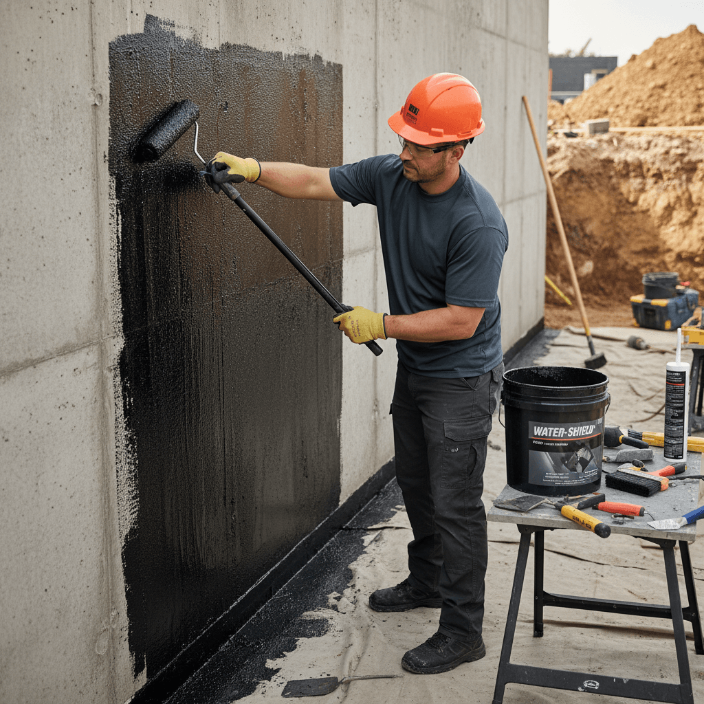 Waterproofing installation on building foundation