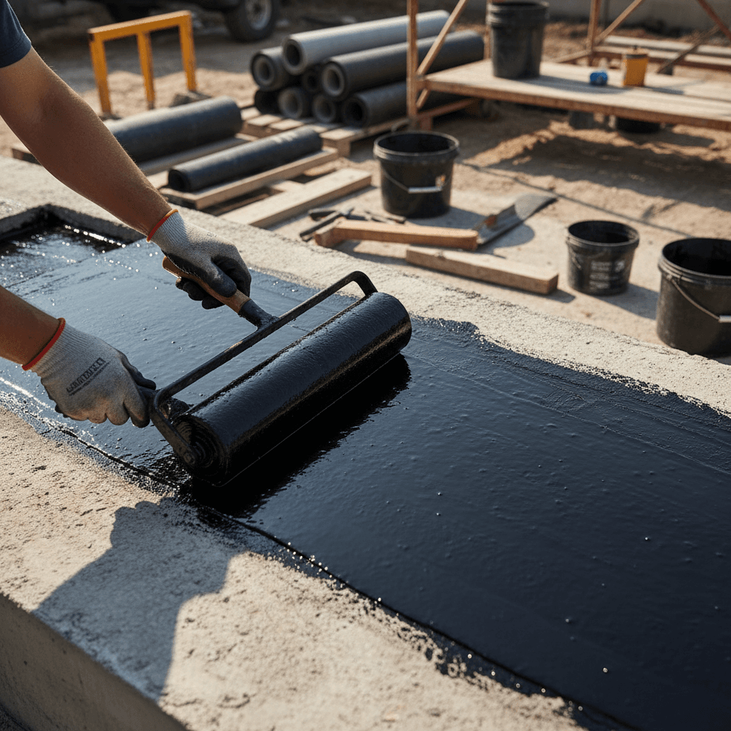 Waterproofing installation on building foundation