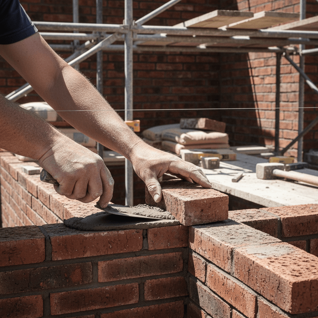 Structural brickwork and stone installation in progress